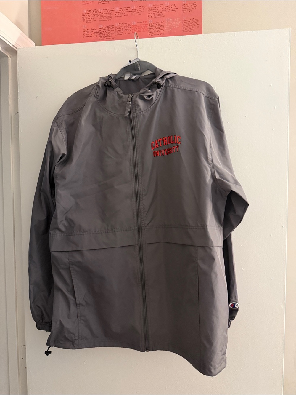 Catholic University Grey Hooded Windbreaker with Branded Tag